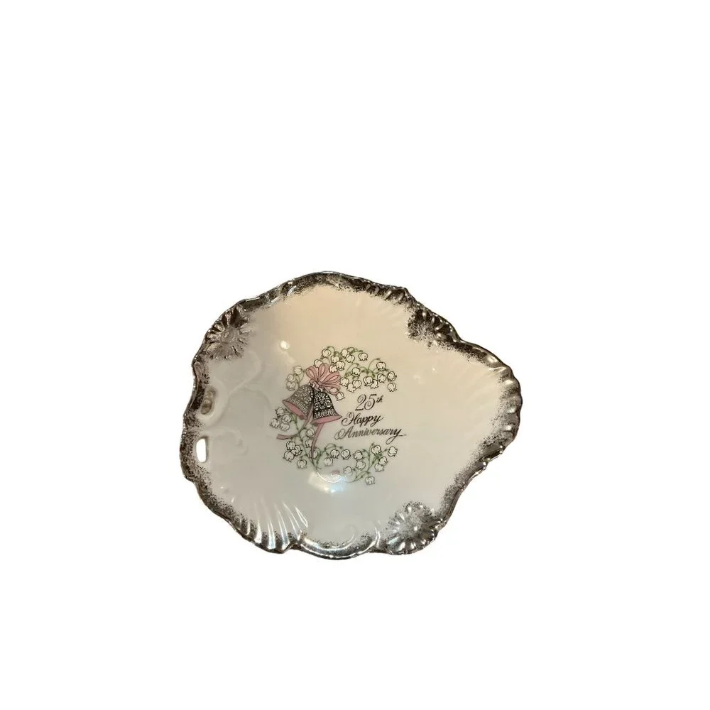 Vintage George Good Japan 25th Anniversary Porcelain Dish With Silver Trim & Flo
